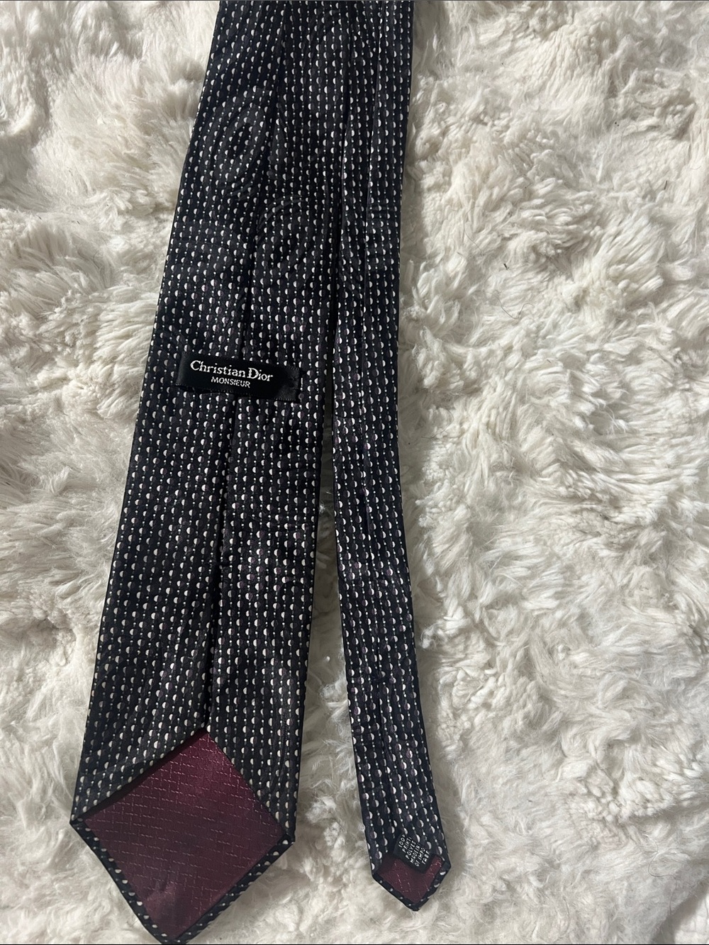 Dior Men's Black Patterned Tie with Burgundy Tip